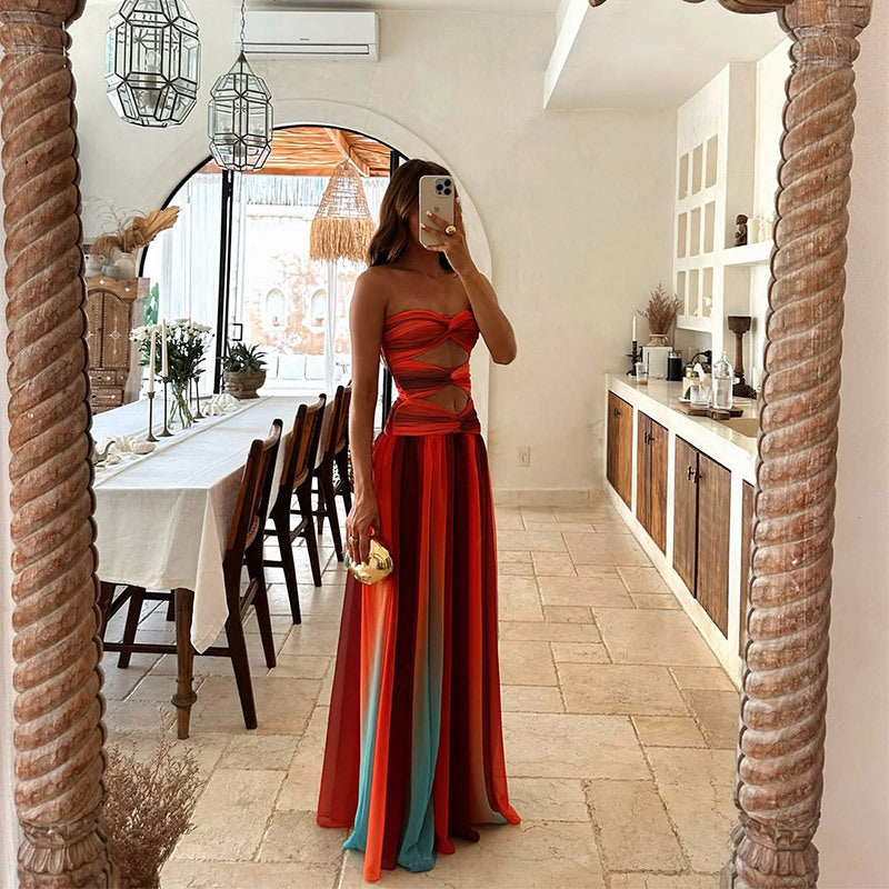 Ombre Cut Out Twist Strapless Maxi Dress - Evening Gown