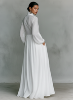 Stand Collar Button Down Pintuck Bodice Flowy Linen Maxi Dress