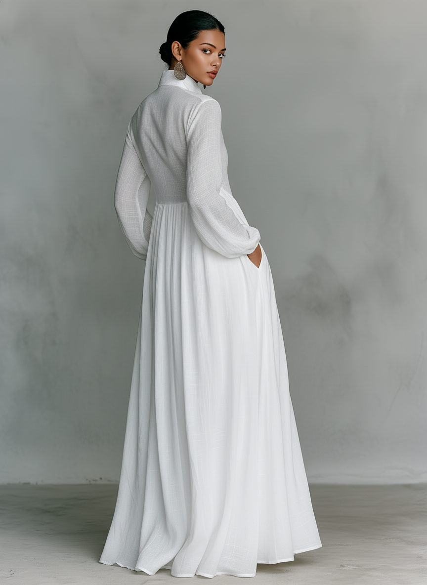 Stand Collar Button Down Pintuck Bodice Flowy Linen Maxi Dress