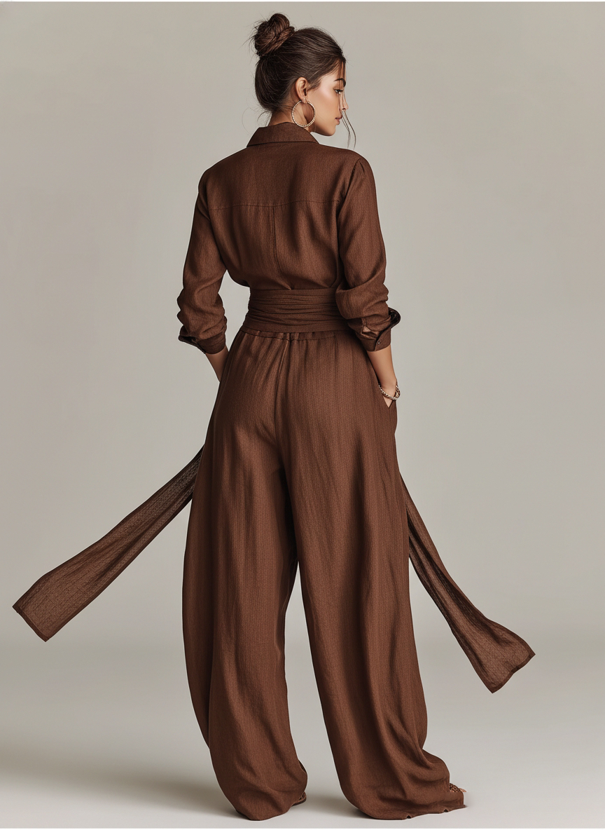 Long Sleeve Shirt Collar Tie Waist Wide Leg Linen Jumpsuit
