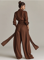 Long Sleeve Shirt Collar Tie Waist Wide Leg Linen Jumpsuit