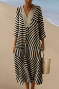 Striped V-Neck Linen Midi Dress - Beach Maxi Dress