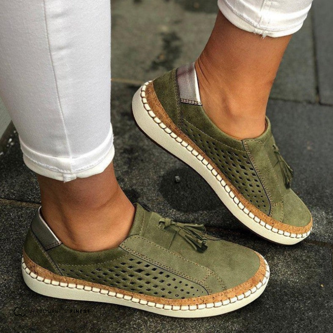 Perforated Suede Tassel Slip On Espadrille Flat Sneaker