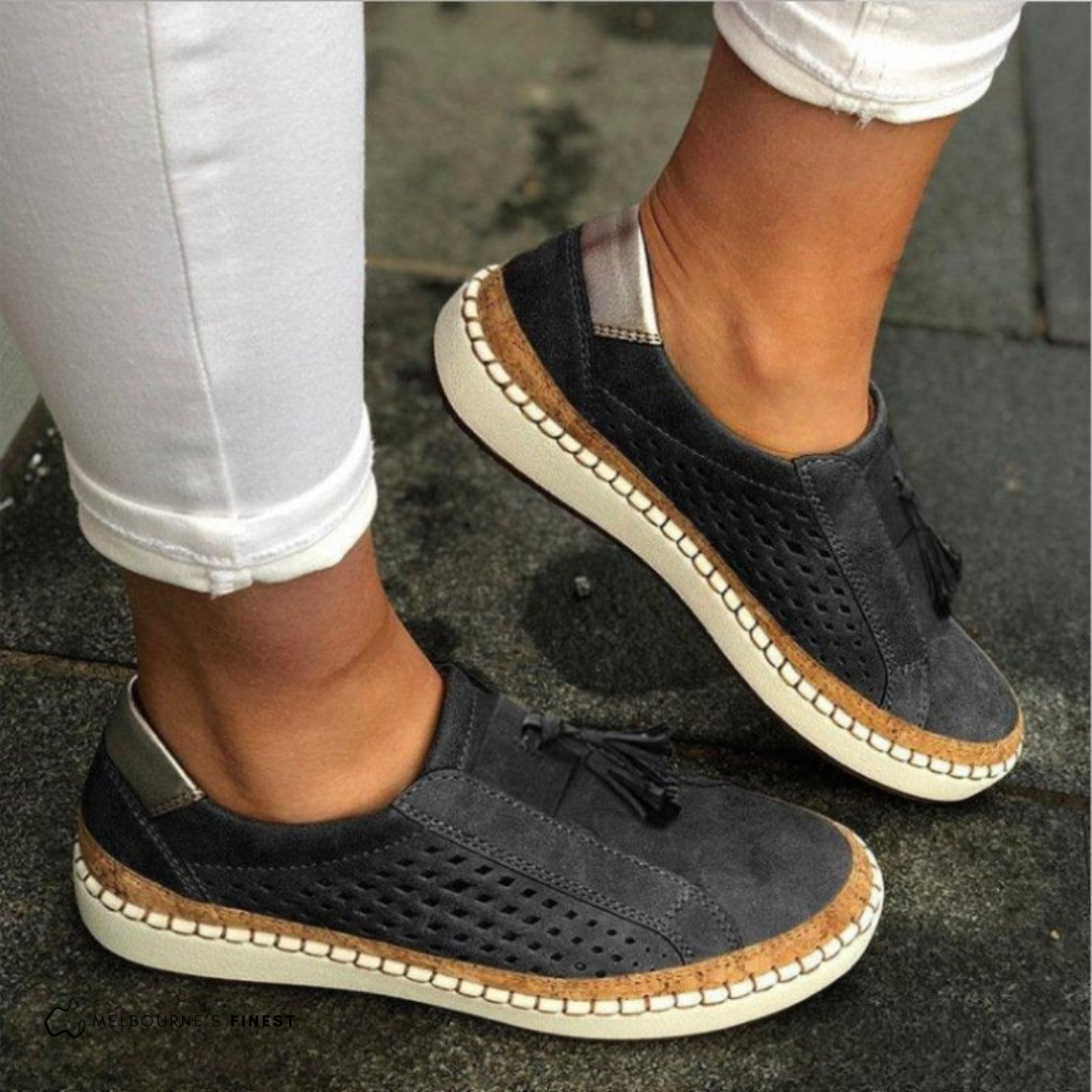 Perforated Suede Tassel Slip On Espadrille Flat Sneaker