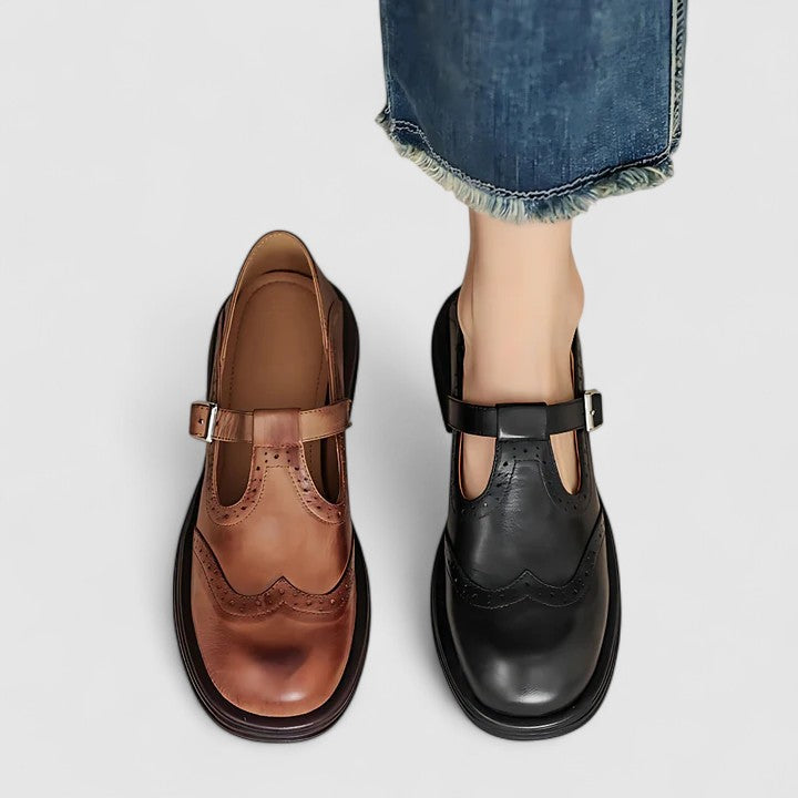 Brogue Detail T-Bar Buckle Vintage Leather Mary Jane Flat