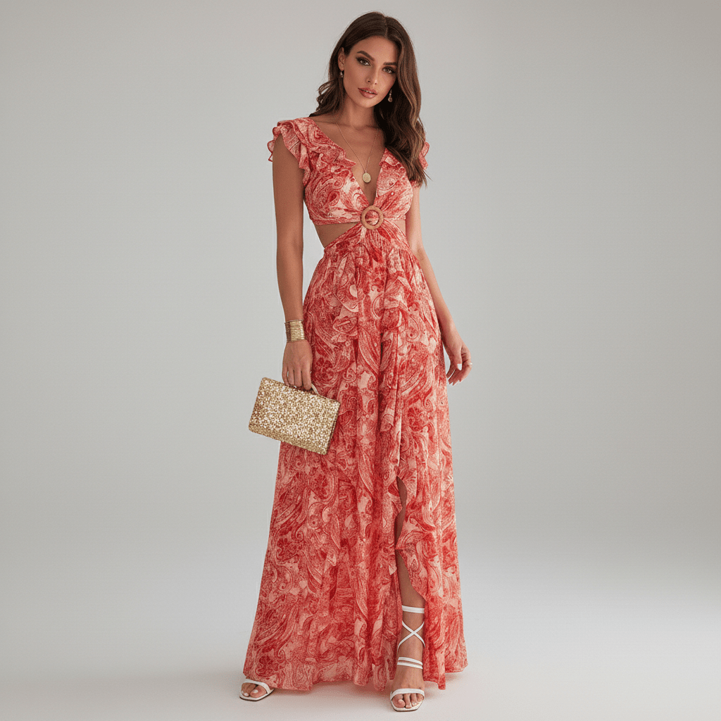 Abstract Print Ring Detail Cut Out Ruffle Sleeve Maxi Dress - Wedding Guest