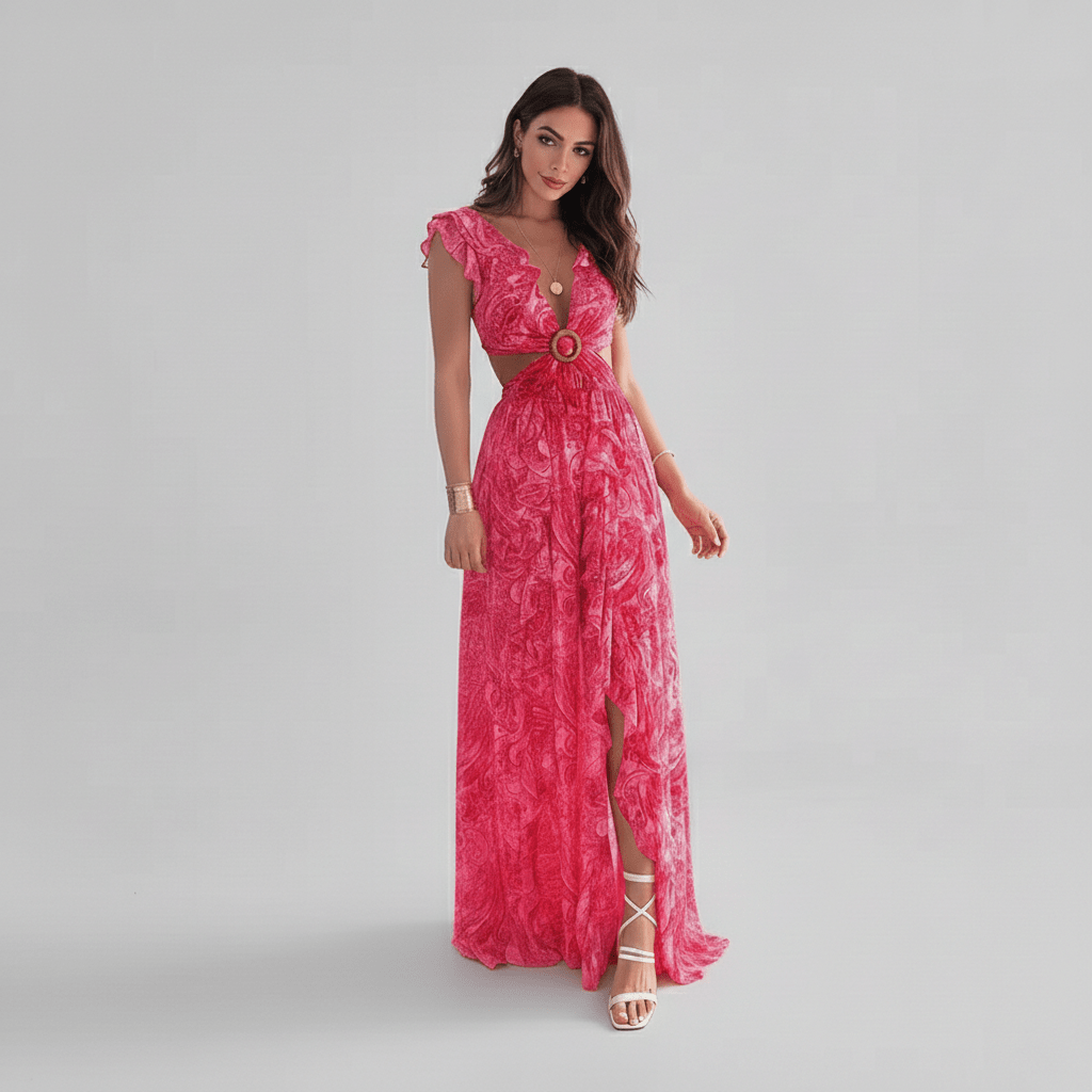 Abstract Print Ring Detail Cut Out Ruffle Sleeve Maxi Dress - Wedding Guest