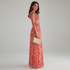 Abstract Print Ring Detail Cut Out Ruffle Sleeve Maxi Dress - Wedding Guest
