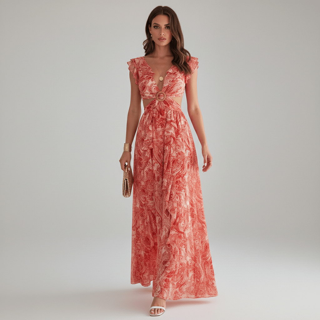 Abstract Print Ring Detail Cut Out Ruffle Sleeve Maxi Dress - Wedding Guest