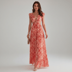 Abstract Print Ring Detail Cut Out Ruffle Sleeve Maxi Dress - Wedding Guest