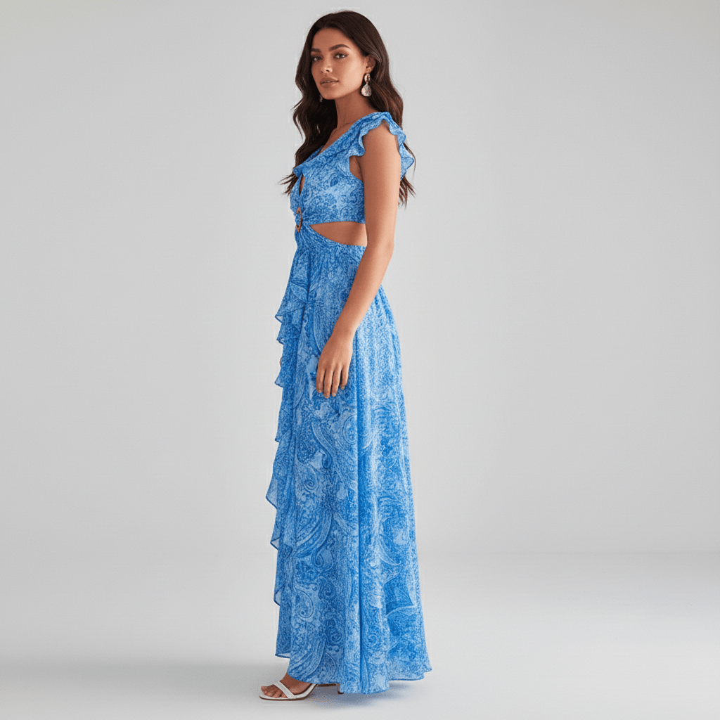Abstract Print Ring Detail Cut Out Ruffle Sleeve Maxi Dress - Wedding Guest