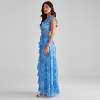 Abstract Print Ring Detail Cut Out Ruffle Sleeve Maxi Dress - Wedding Guest