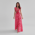 Abstract Print Ring Detail Cut Out Ruffle Sleeve Maxi Dress - Wedding Guest