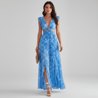Abstract Print Ring Detail Cut Out Ruffle Sleeve Maxi Dress - Wedding Guest