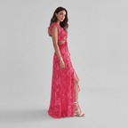 Abstract Print Ring Detail Cut Out Ruffle Sleeve Maxi Dress - Wedding Guest