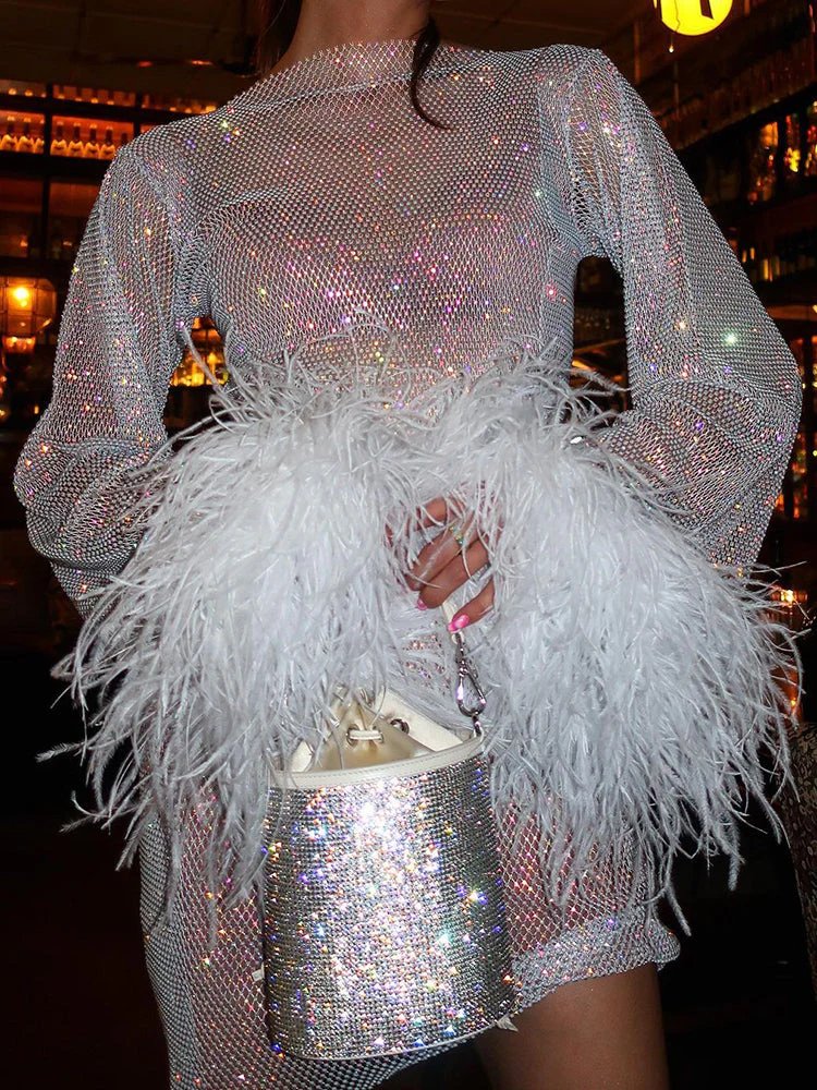 Sequin Feather Trim Cuff Long Sleeve Bodycon Mini Dress - Cocktail Party