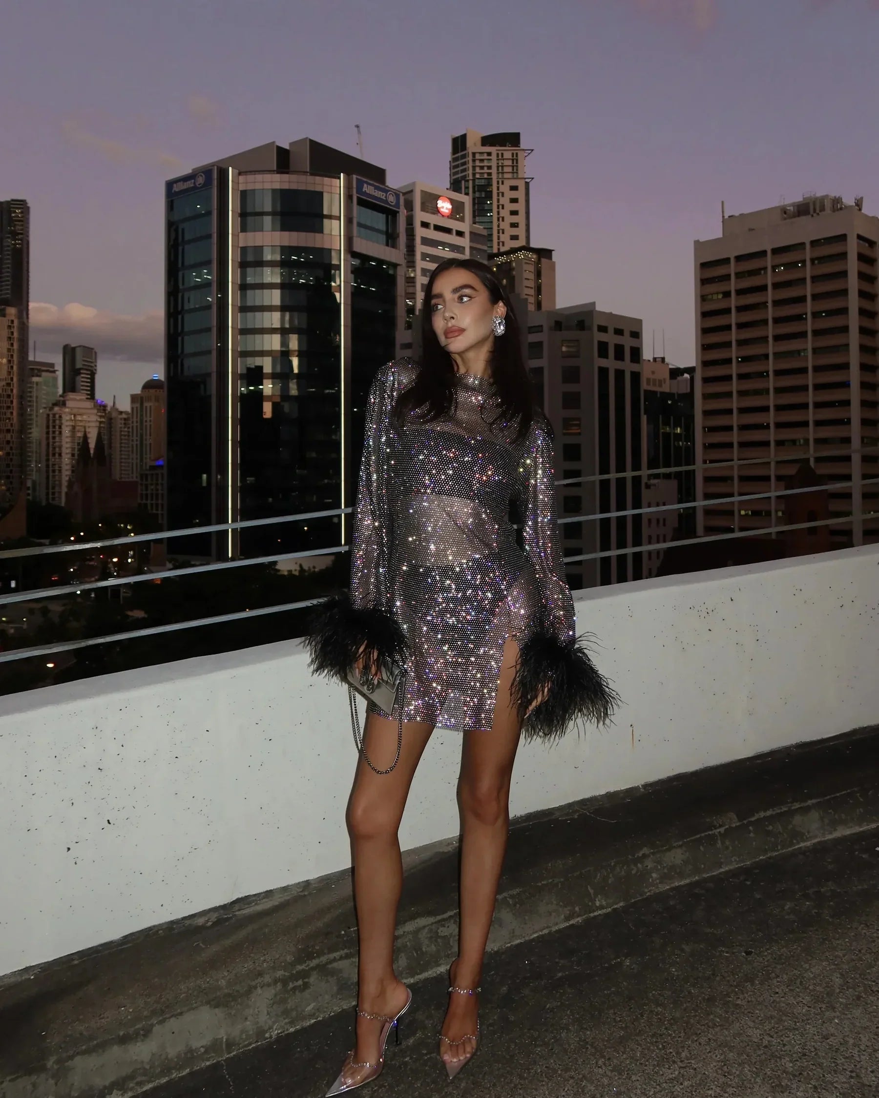 Sequin Feather Trim Cuff Long Sleeve Bodycon Mini Dress - Cocktail Party