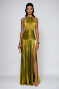 Metallic Pleated Halter Neck Ruched Waist Split Maxi Dress - Formal Evening Gown