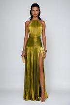 Metallic Pleated Halter Neck Ruched Waist Split Maxi Dress - Formal Evening Gown