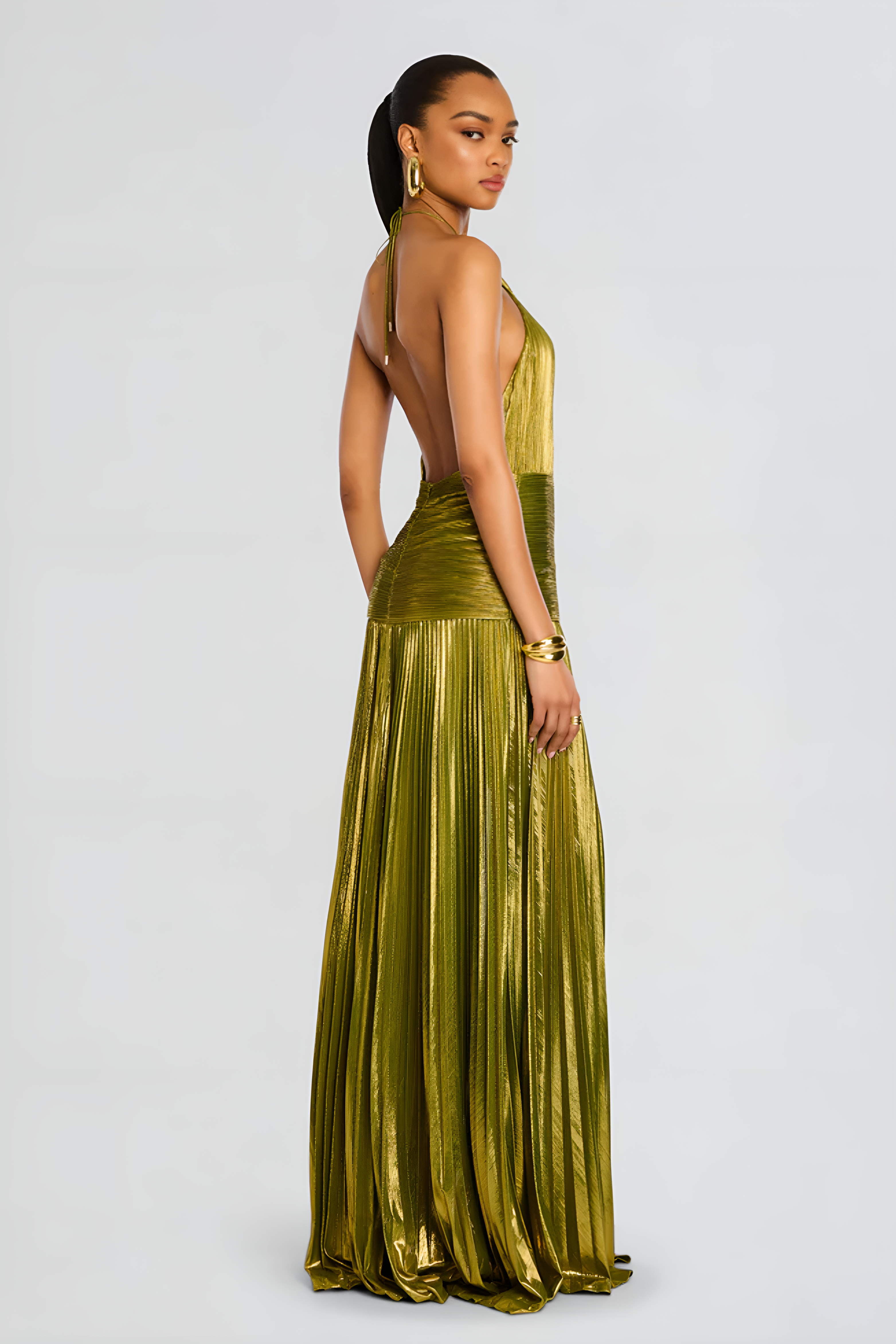 Metallic Pleated Halter Neck Ruched Waist Split Maxi Dress - Formal Evening Gown