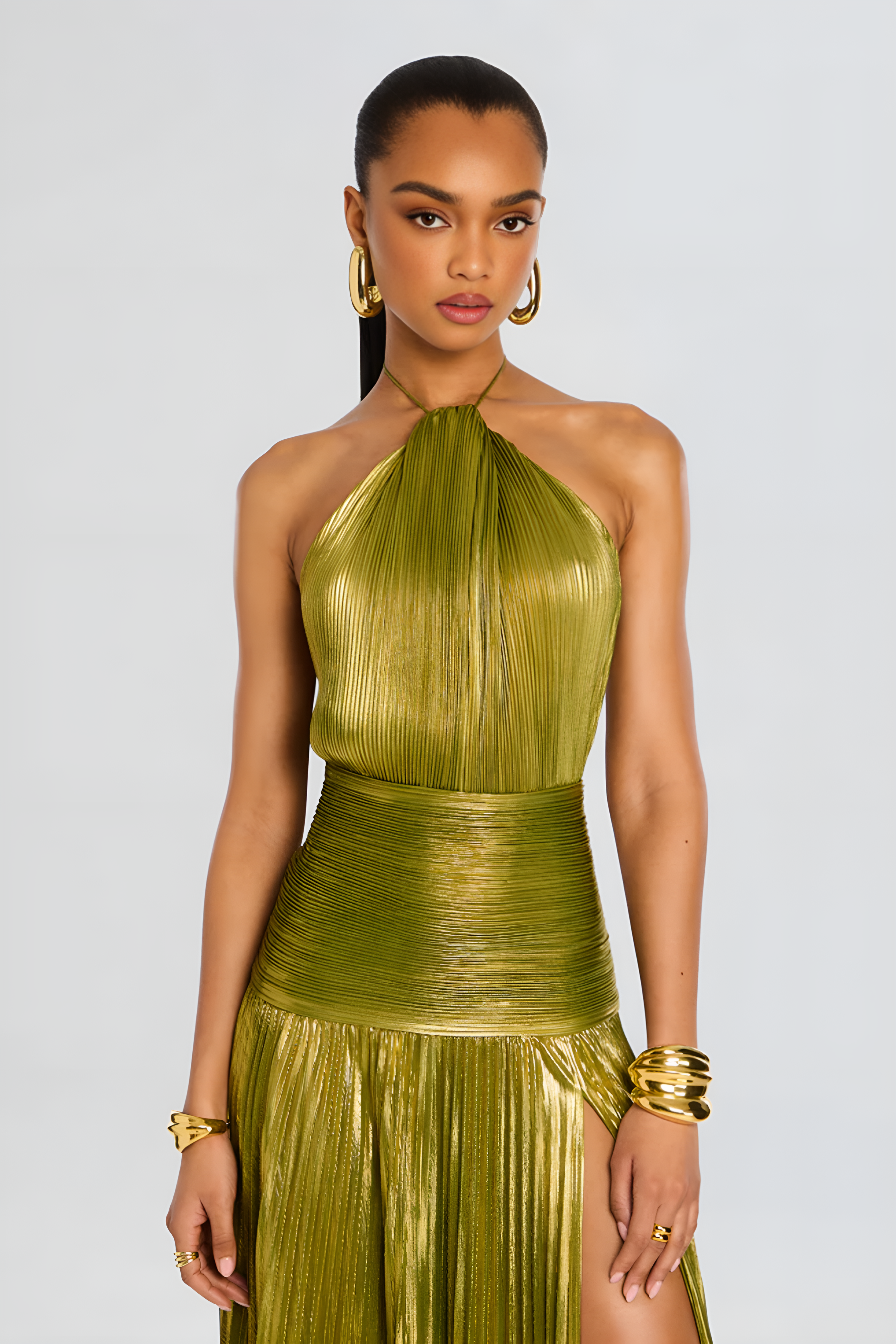 Metallic Pleated Halter Neck Ruched Waist Split Maxi Dress - Formal Evening Gown