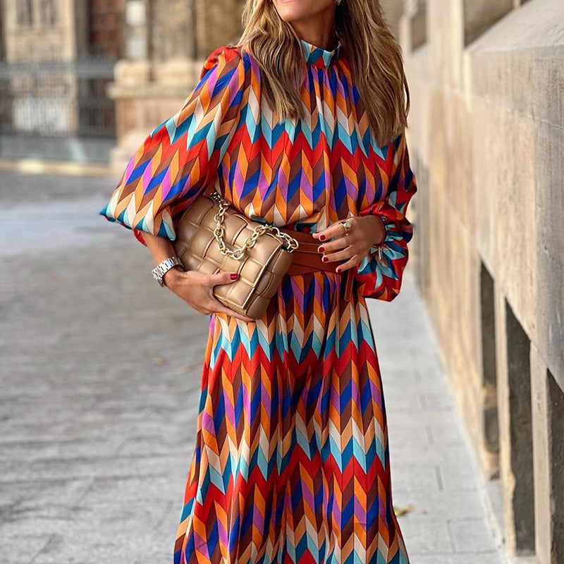 Geometric Chevron Print Balloon Sleeve Pleated Midi Dress