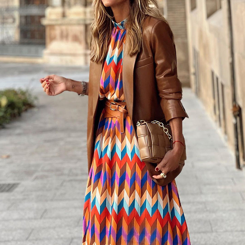 Geometric Chevron Print Balloon Sleeve Pleated Midi Dress