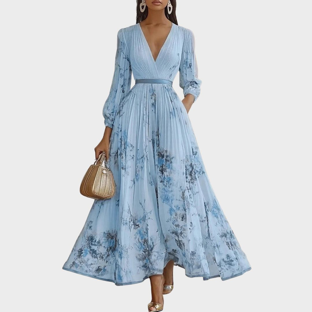 Floral Pleated V-Neck Belted Maxi Dress - Wedding Guest Gown