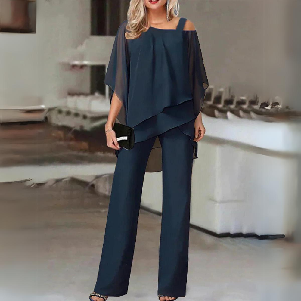 Chiffon Cold Shoulder Layered Top Wide Leg Two Piece Set