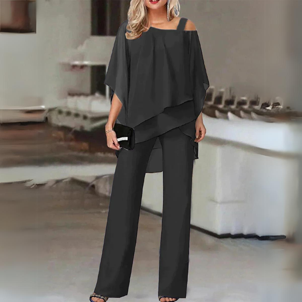 Chiffon Cold Shoulder Layered Top Wide Leg Two Piece Set
