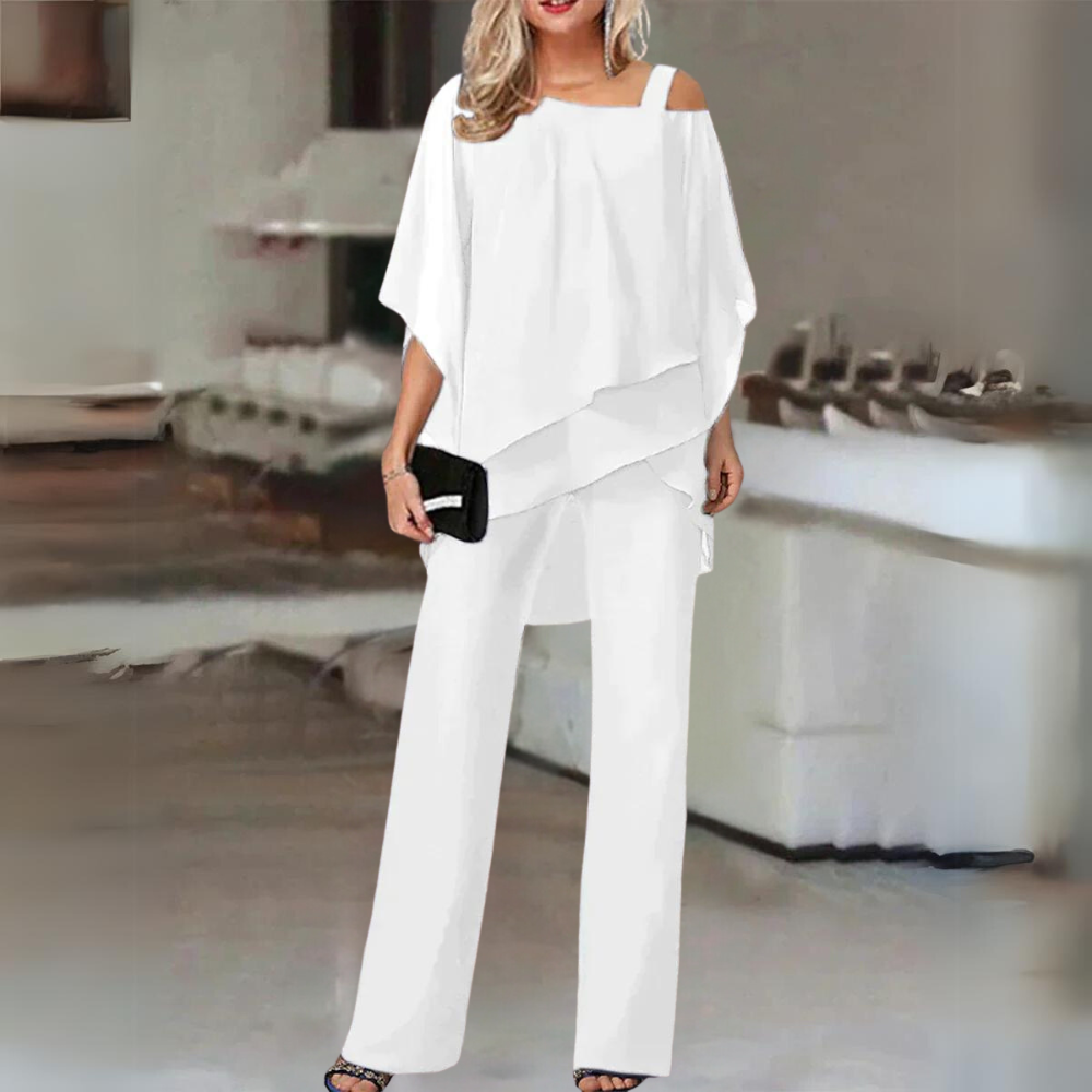 Chiffon Cold Shoulder Layered Top Wide Leg Two Piece Set