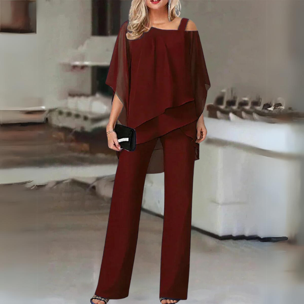 Chiffon Cold Shoulder Layered Top Wide Leg Two Piece Set