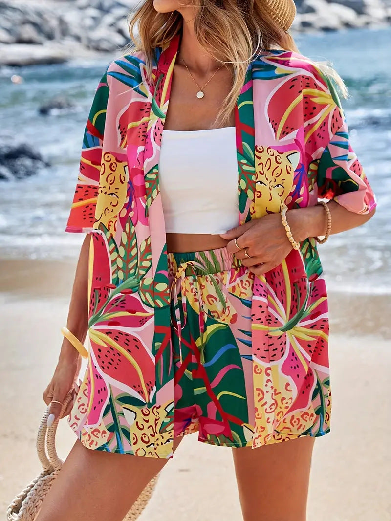 Floral Botanical Print Open Front Kimono and Short Set