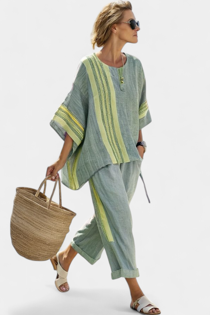 Embroidered Stripe Trim Oversized Linen Two Piece Set