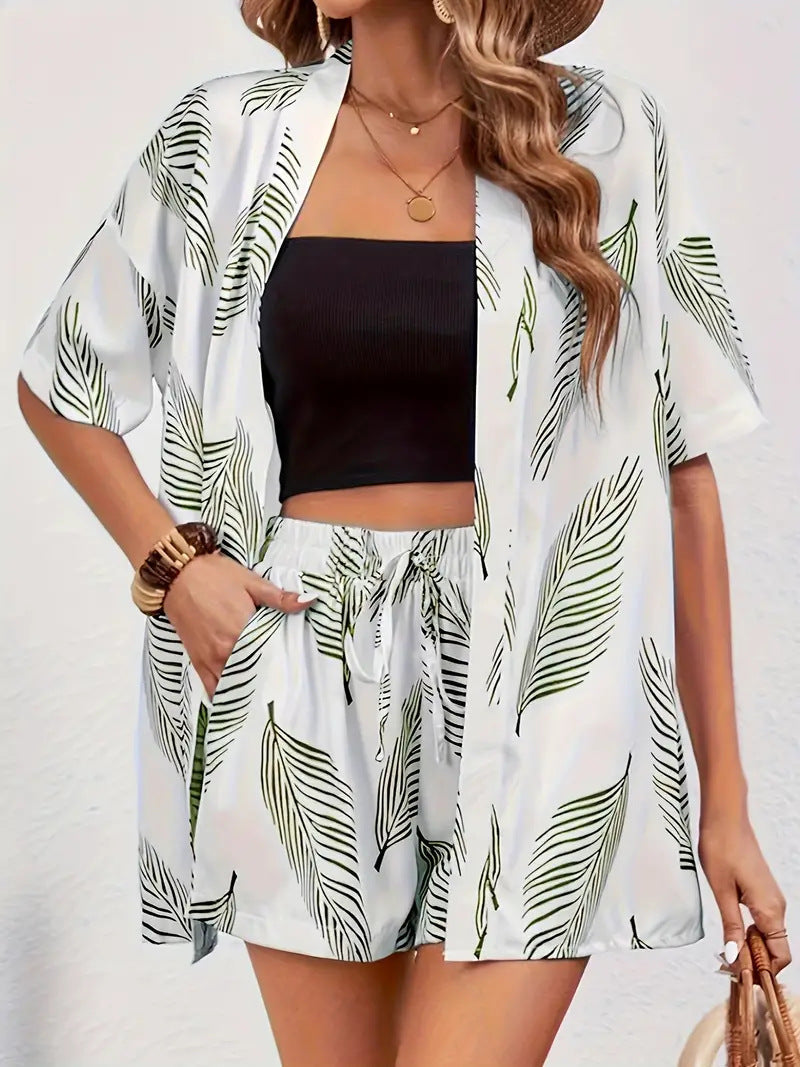 Floral Botanical Print Open Front Kimono and Short Set