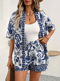 Floral Botanical Print Open Front Kimono and Short Set