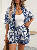 Floral Botanical Print Open Front Kimono and Short Set