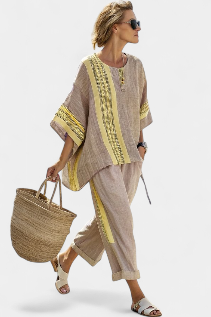 Embroidered Stripe Trim Oversized Linen Two Piece Set