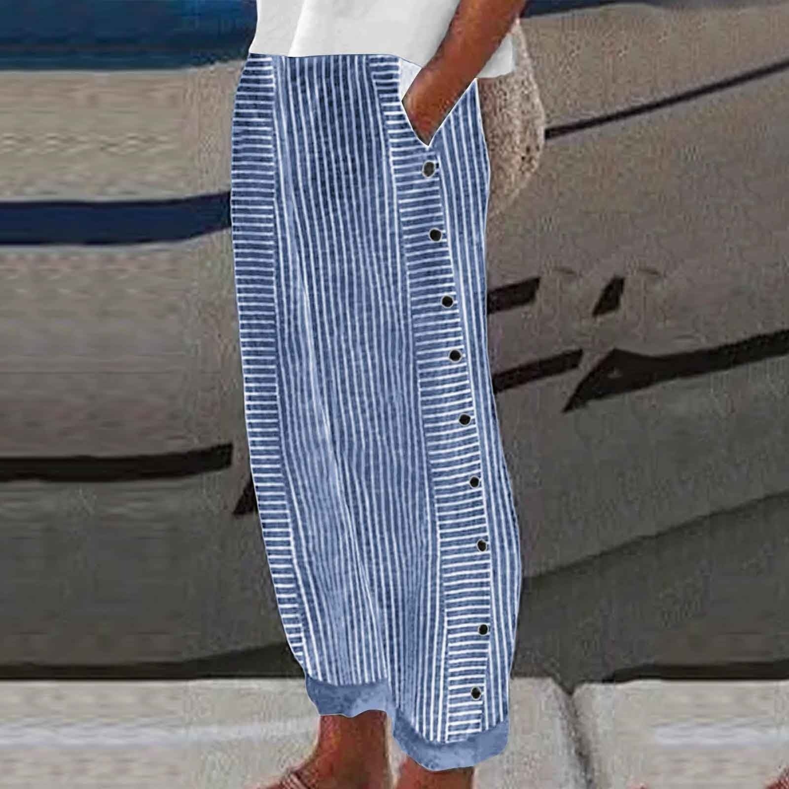 Striped Button Side Linen Wide Leg Casual Pants