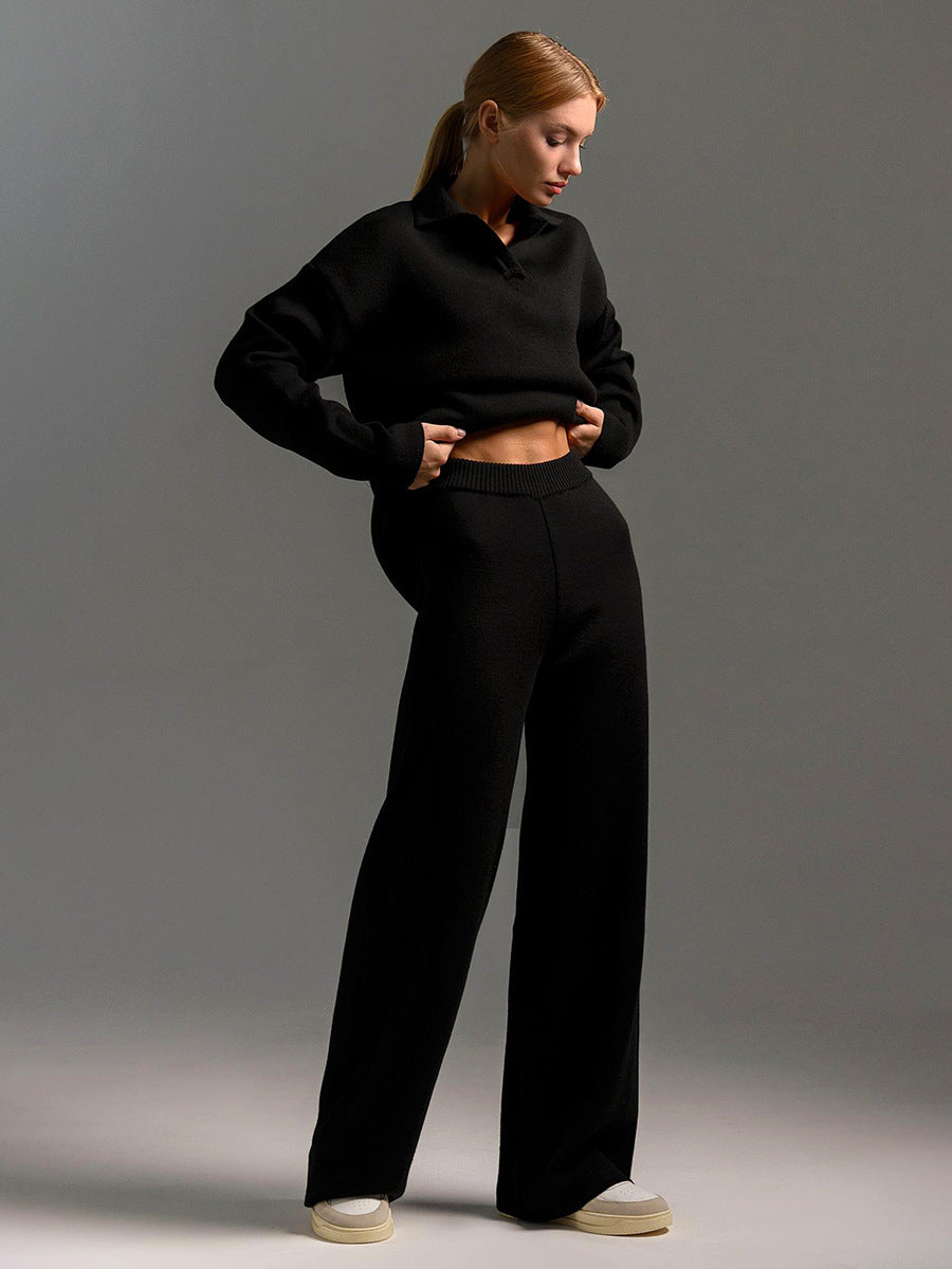 Collared Open Neck Knit Top and Wide Leg Pant Lounge Set