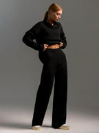 Collared Open Neck Knit Top and Wide Leg Pant Lounge Set