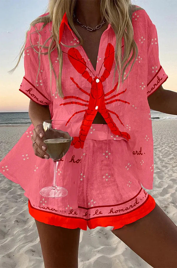 Lobster Print Contrast Trim Short Sleeve Shirt and Short Set