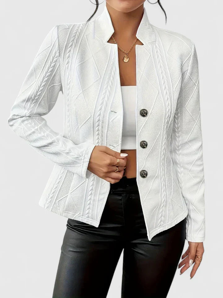 Cable Texture Button Front Stand Collar Fitted Blazer