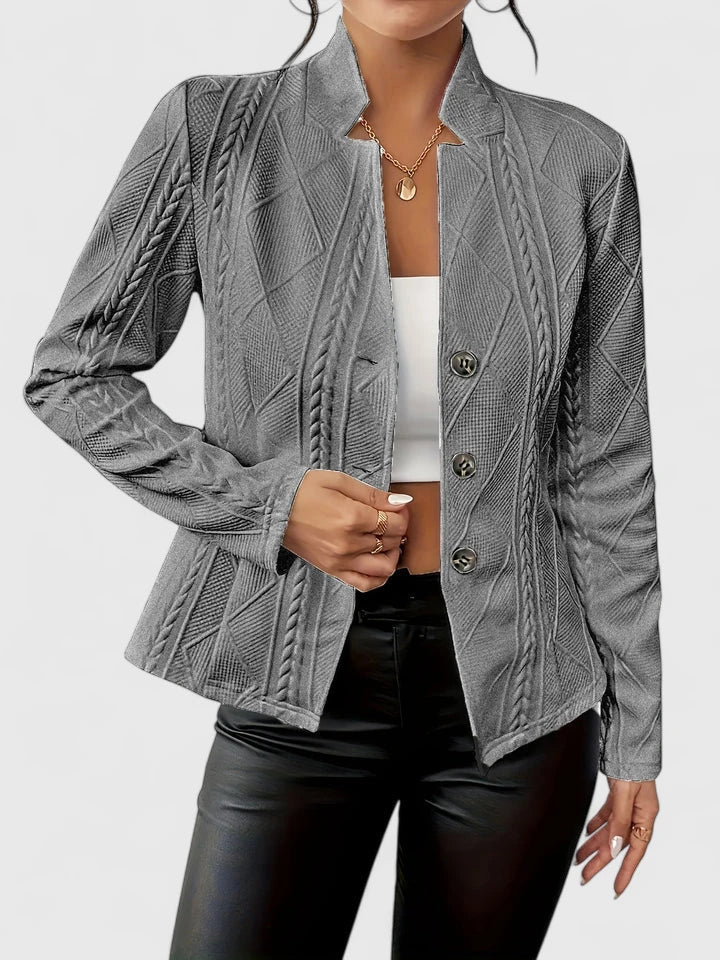 Cable Texture Button Front Stand Collar Fitted Blazer