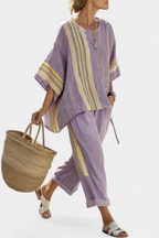 Embroidered Stripe Trim Oversized Linen Two Piece Set