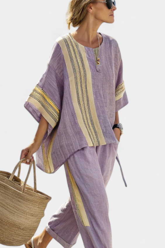 Embroidered Stripe Trim Oversized Linen Two Piece Set