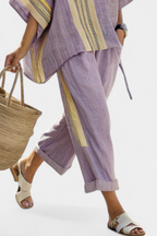 Embroidered Stripe Trim Oversized Linen Two Piece Set