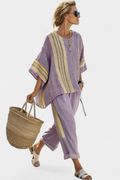 Embroidered Stripe Trim Oversized Linen Two Piece Set