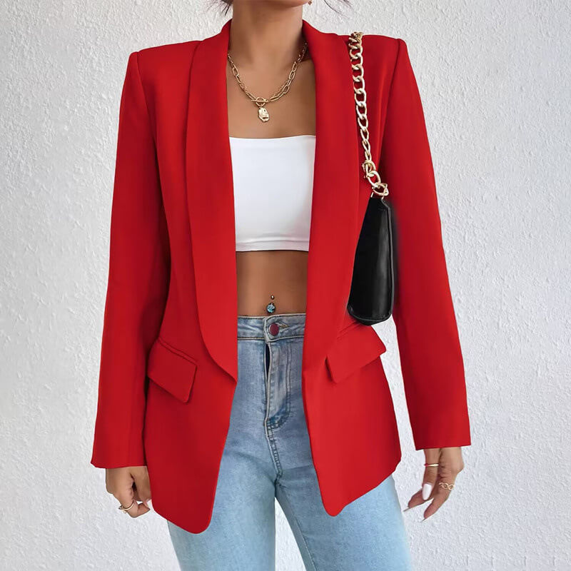 Shawl Collar Open Front Flap Pocket Longline Blazer