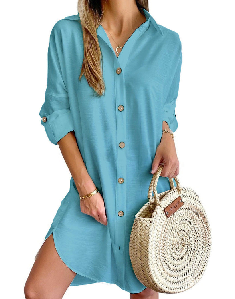 Linen Button Down Casual Shirt Dress